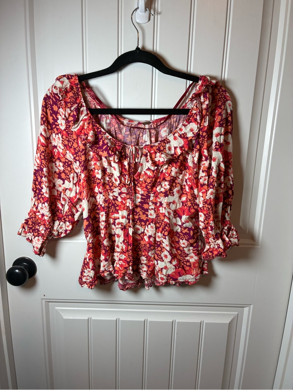 Free People Floral Peasant Blouse - Red, Orange, Cream